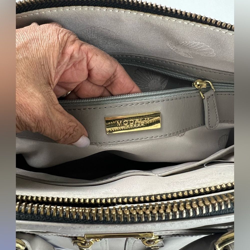Modalu London Leather Satchel Taupe/Grey Gold Hardware Double Zip Bag - Picture 7 of 16